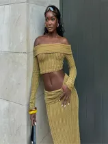 One shoulder long sleeved striped skirt set with exposed navel