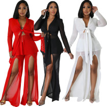 Waist tied small suit long sleeved slit two-piece set