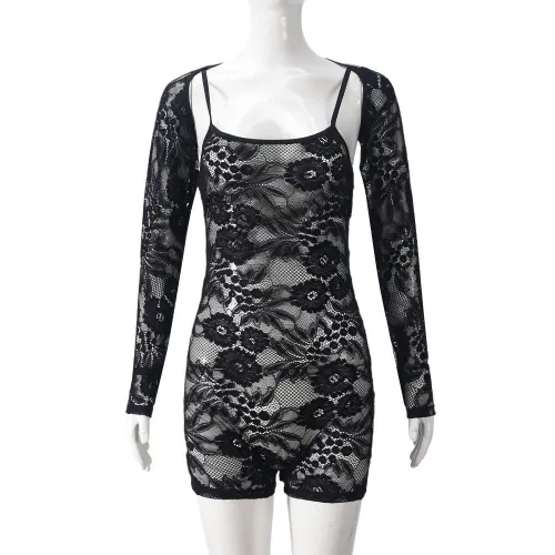 Long sleeved tight hollow camisole lace jumpsuit two-piece set