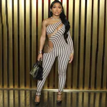 Striped printed hollowed out single shoulder long sleeved ankle binding jumpsuit