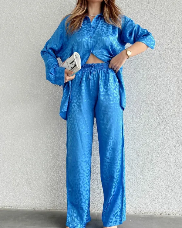 Long sleeved loose leopard print two-piece set