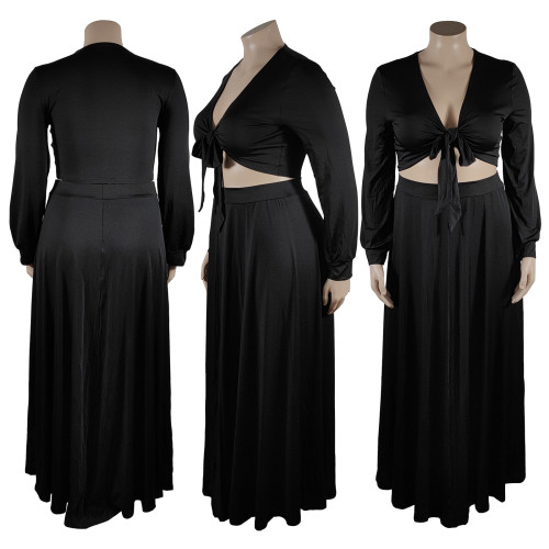 Cotton strap long sleeved top with large swing skirt set