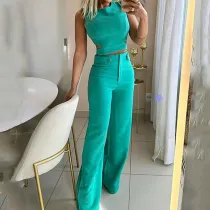 Solid color button down pants set