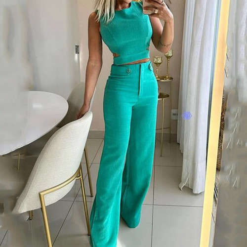 Solid color button down pants set