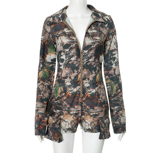 Deep V tight camouflage jumpsuit shorts