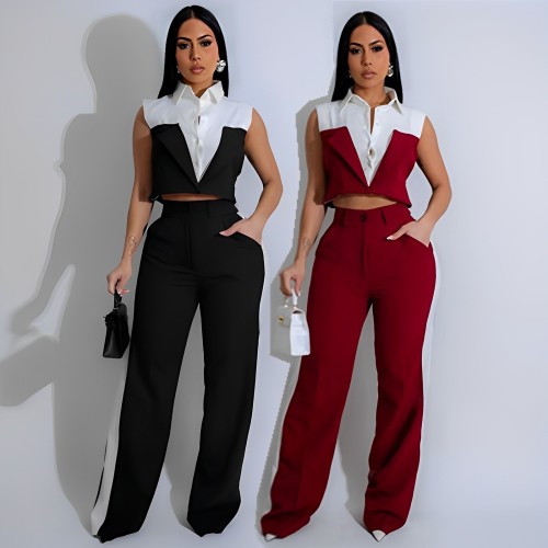 Tank top shirt patchwork contrasting pocket pants two-piece set