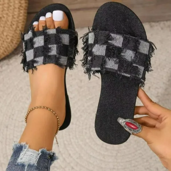 Large block denim flat bottom women's slippers