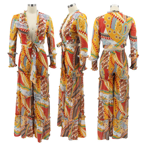 Two piece set of contrasting printed chiffon long sleeved lace up flared pants