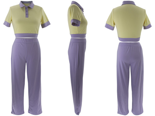 Splicing contrasting POLO collar short sleeved top, wide leg pants set