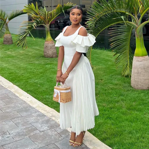 U-shaped collar, lotus leaf sleeves, high waist, oversized swing jumpsuit, long skirt