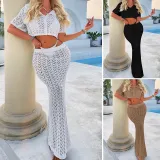 Short sleeved shirt, super long skirt, cardigan two-piece set