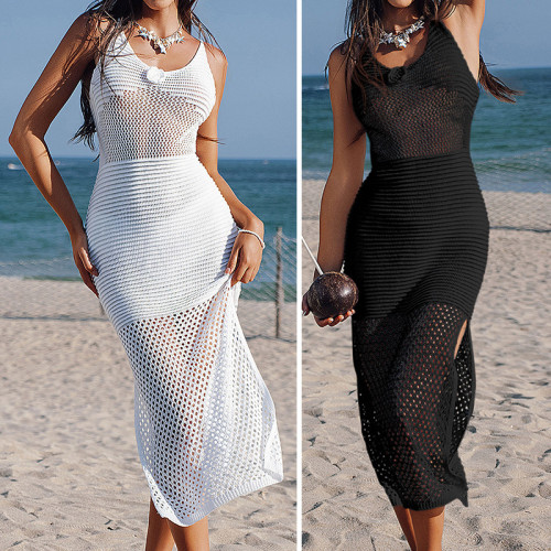 3D hook flower high slit suspender hollow dress