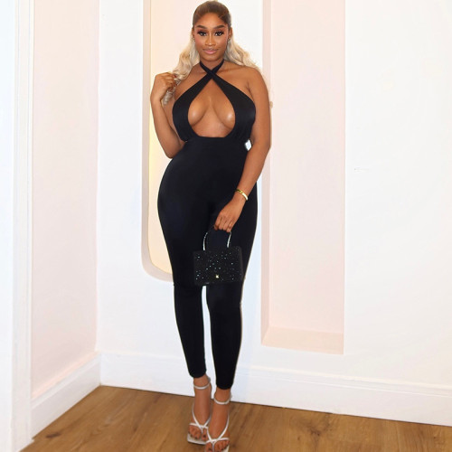 Micro elastic tight fitting sleeveless hanging neck backless jumpsuit