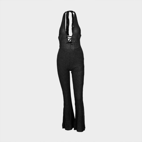 Hanging neck tie, backless jumpsuit, flared pants