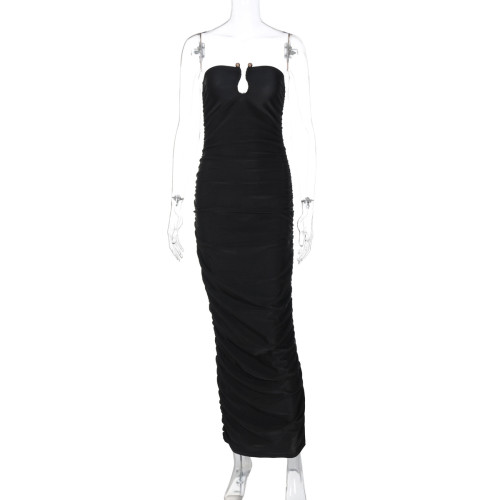 V-neck back pleated solid color dress