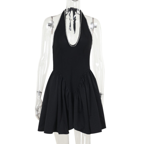 Water Diamond U-neck Hanging Neck Waist Dress