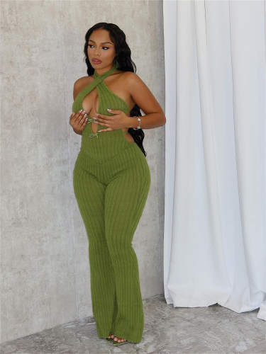 Hanging neck tie, backless jumpsuit, flared pants