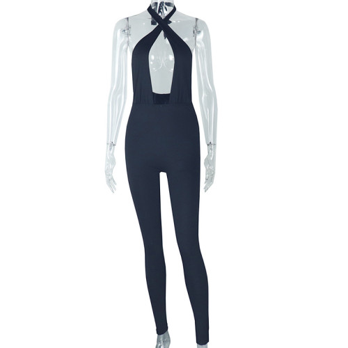 Micro elastic tight fitting sleeveless hanging neck backless jumpsuit