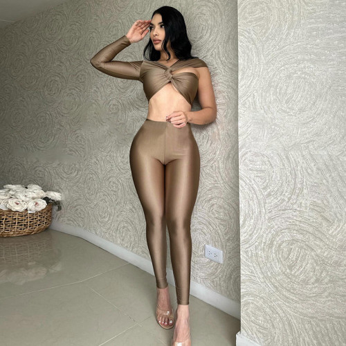 Cross single sleeve ultra short top tight pants two-piece set