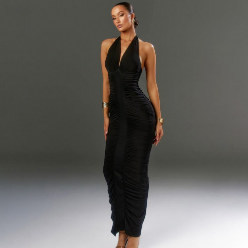 V-neck backless lace up pleated dress