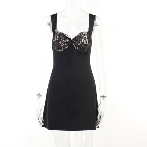 Lace patchwork wave neck backless strap A-line swing dress