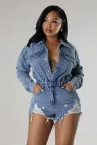High elasticity perforated tassel loose wash denim jumpsuit jumpsuit