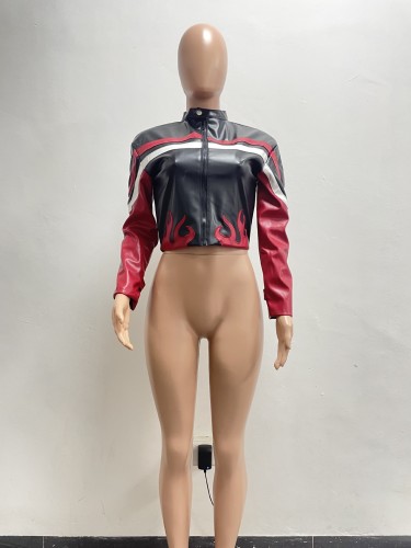 Women's embroidered flame splicing motorcycle jacket leather jacket