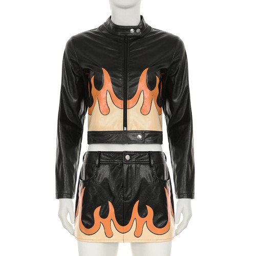 PU leather printed zipper long sleeved cardigan jacket with high waist, hip hugging, short skirt set