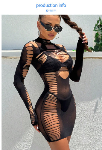 Printed perspective erotic lingerie hollow out dress