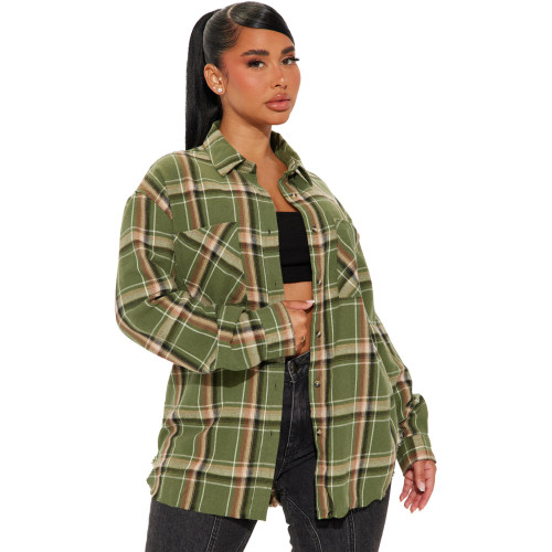Plaid pocket button edging top long shirt