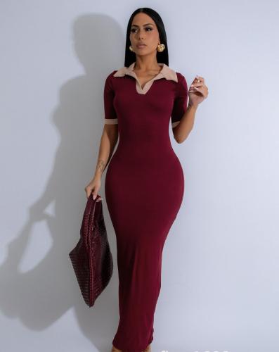 Polo collar, hip hugging, waist cinching long skirt