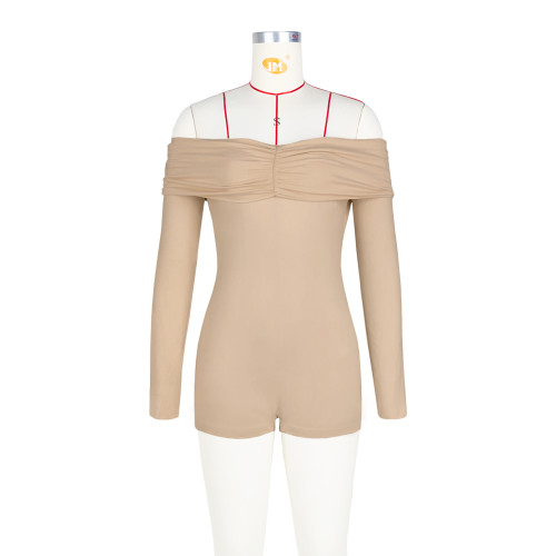 One neck pleated off shoulder long sleeved jumpsuit