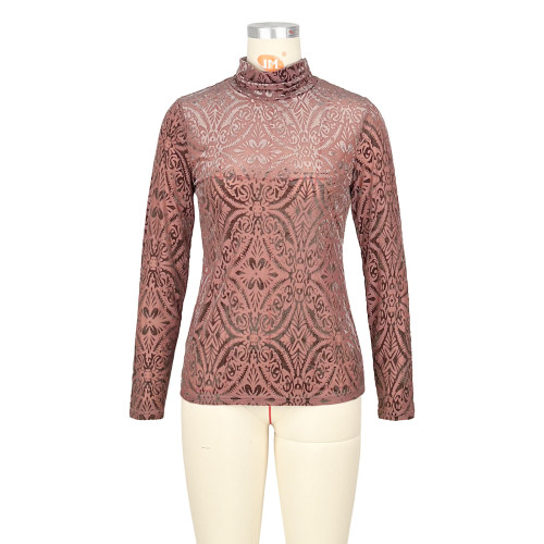 High neck elastic velvet floral long sleeved top