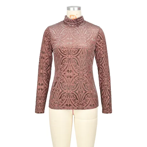High neck elastic velvet floral long sleeved top