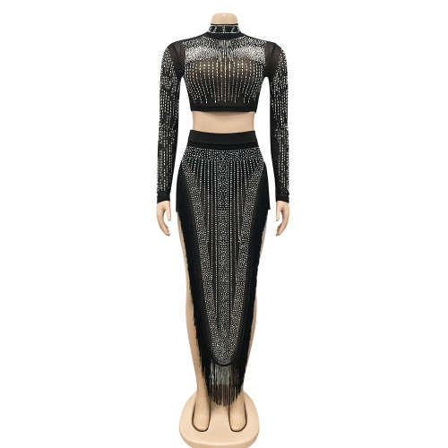 Hot stamping mesh see through long sleeved slit long skirt two-piece set