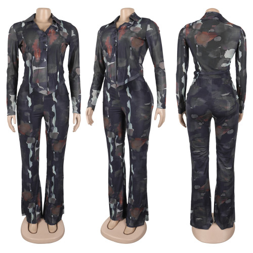 Single layer button mesh top, double layer micro flared pants, mesh set