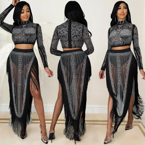 Hot stamping mesh see through long sleeved slit long skirt two-piece set