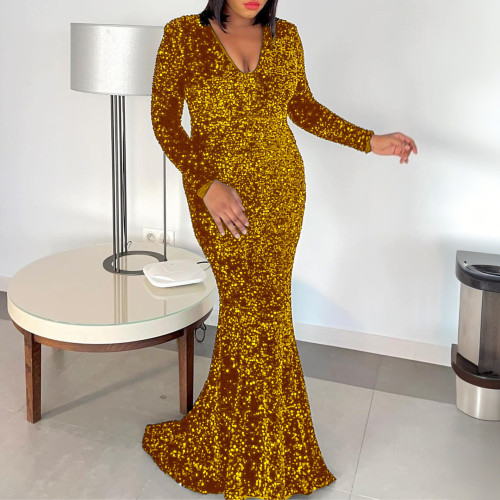 Sequined fishtail long dress with a trailing effect for a banquet evening gown