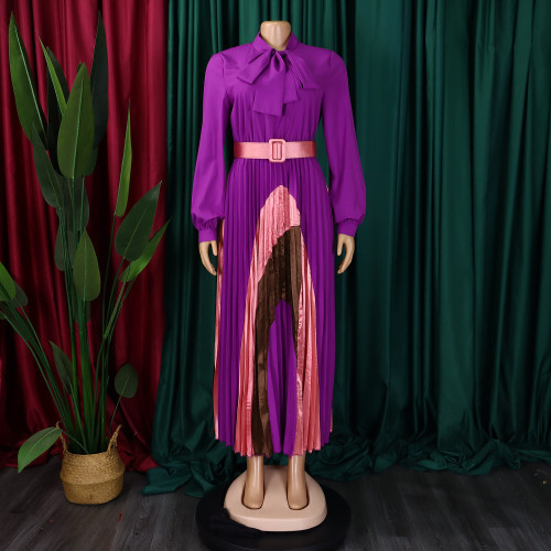 Lace up pleated long sleeved color blocked dress