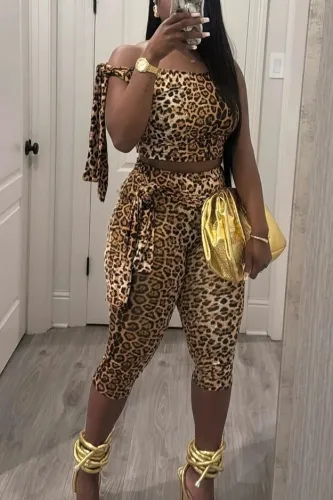 Leopard print elastic lace up cropped pants set