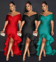 One shoulder strapless, hip hugging, waist cinching, floor mopping lace dress