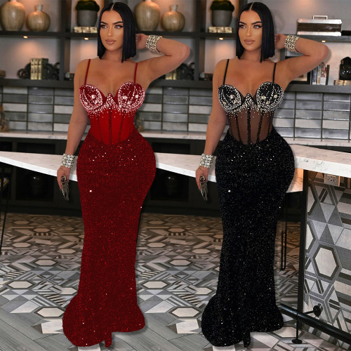 Velvet sequin rhinestone suspender dress, hip hugging long skirt