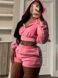 Zipper hooded long sleeved shorts sweatshirt set