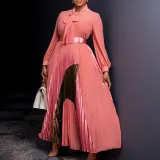 Lace up pleated long sleeved color blocked dress