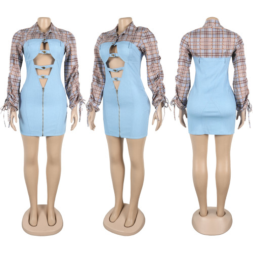 Splicing open drawstring metal button micro elastic denim dress