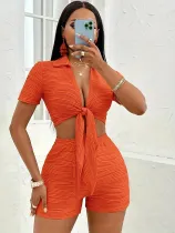 Texture collar set short sleeved lace up shorts