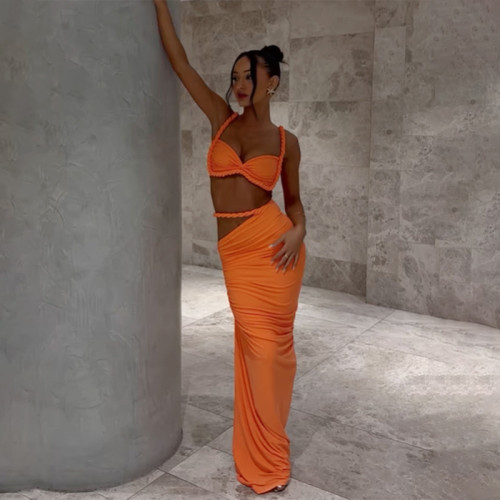 Solid color backless tank top, hip hugging skirt set