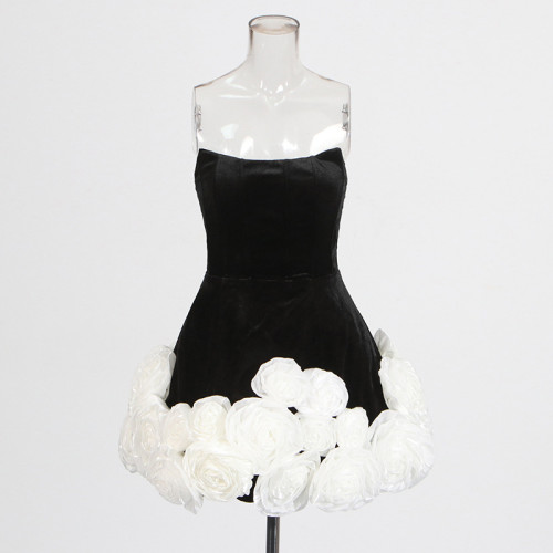 Strapless three-dimensional floral jumpsuit short skirt