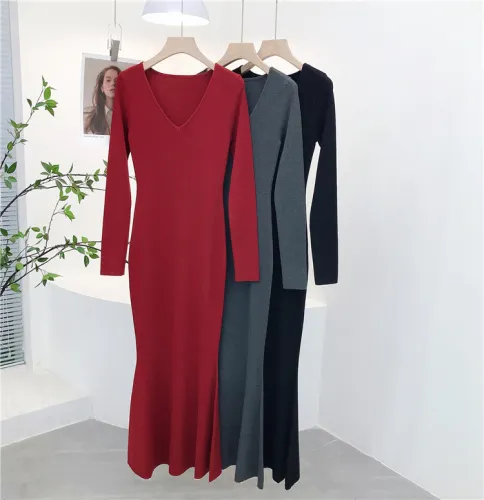 Deep V-neck knee length fishtail dress long skirt