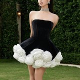 Strapless three-dimensional floral jumpsuit short skirt